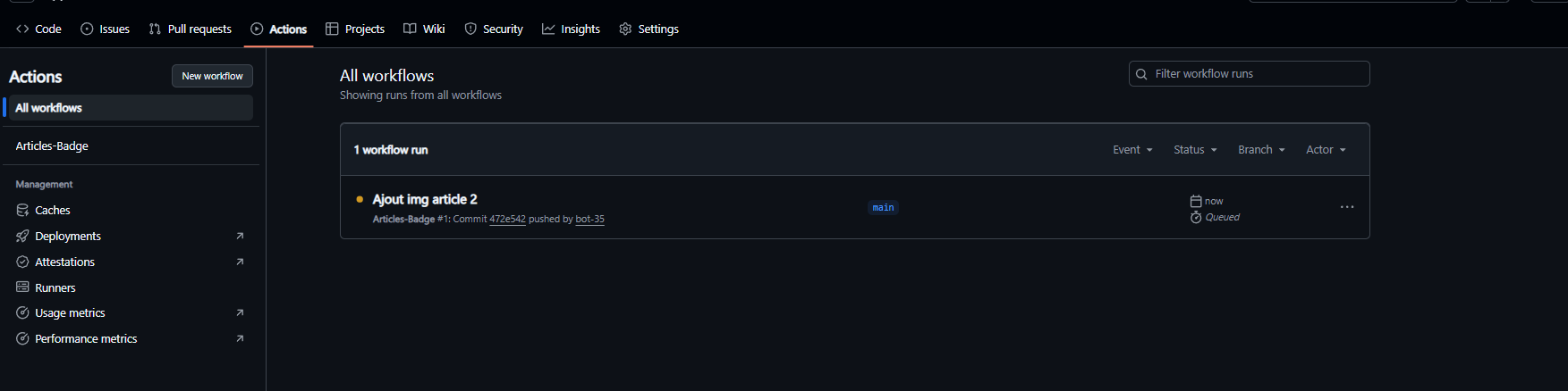 Screen de GitHub Actions et du workflow en cours d’exécution.