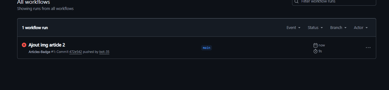 Screen de GitHub Actions et du workflow en erreur.
