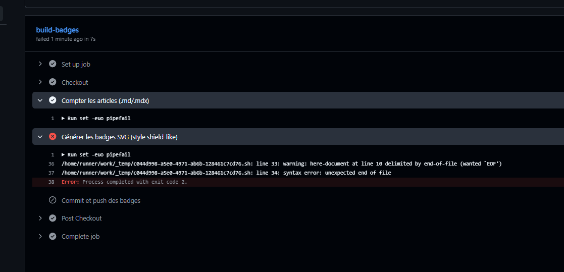 Screen de GitHub Actions et du détail de l’erreur du workflow.