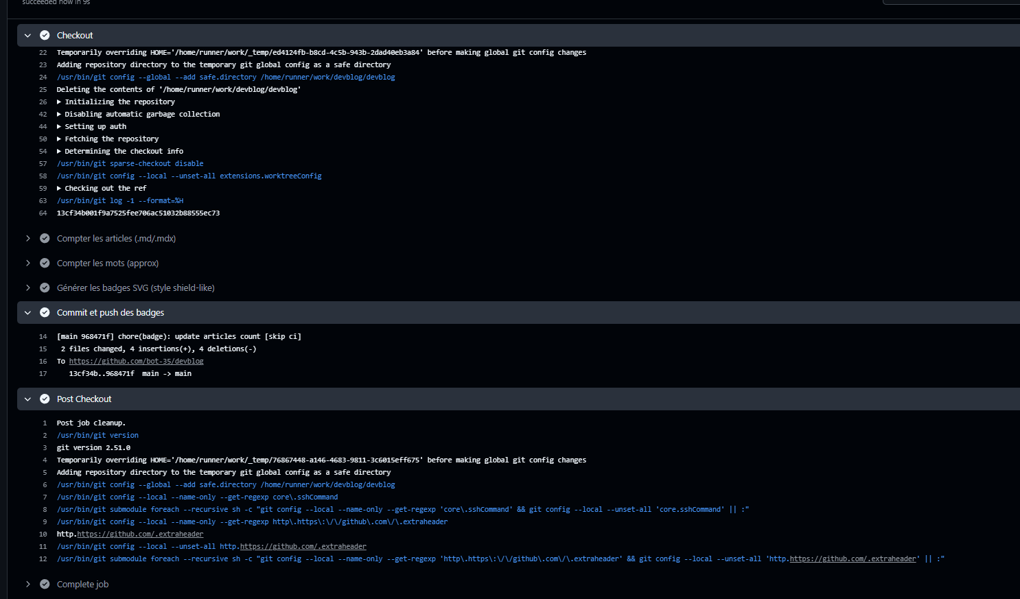 Screen de GitHub Actions et des détails du workflow.